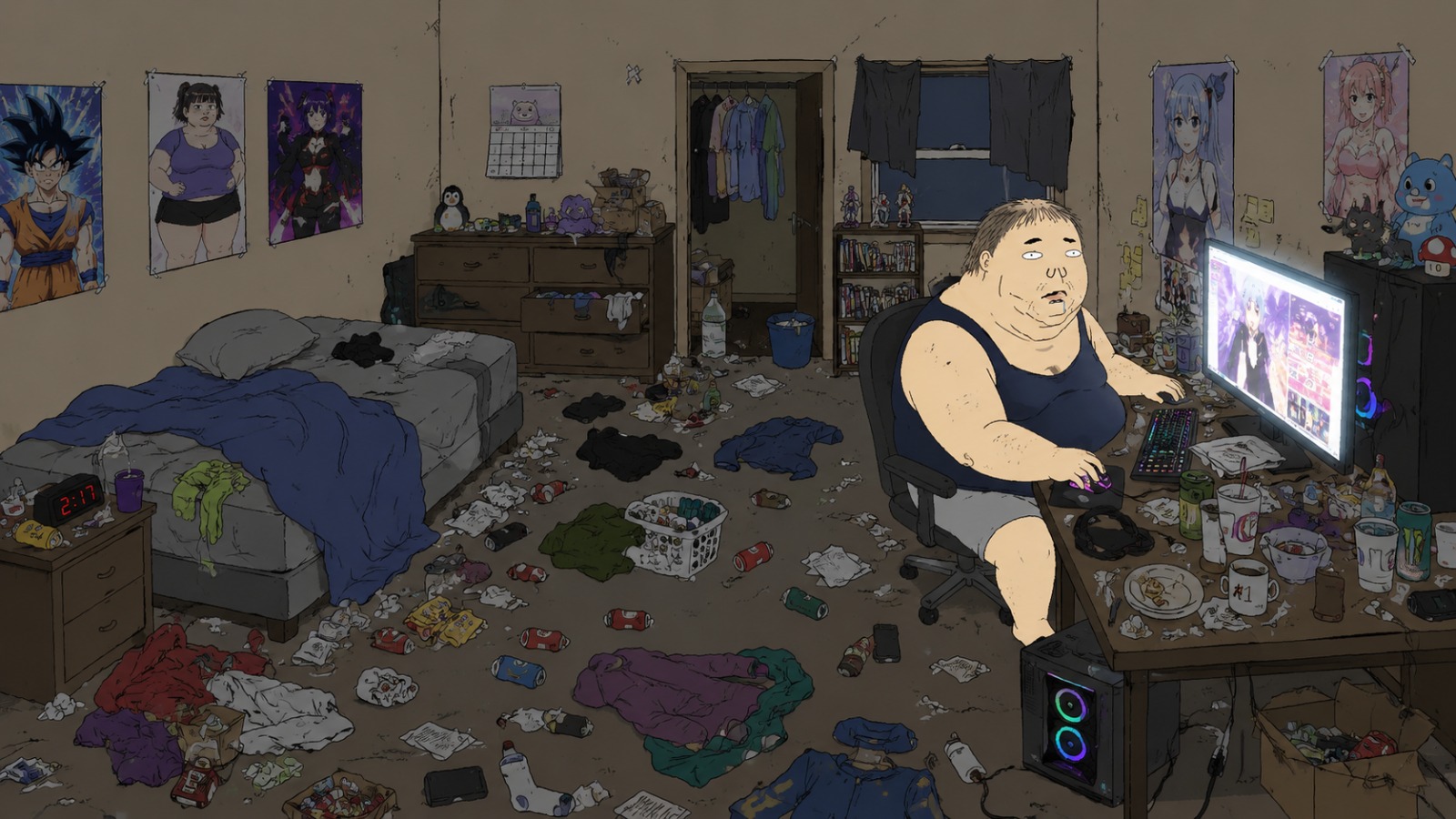Stu at his computer in a chaotic basement